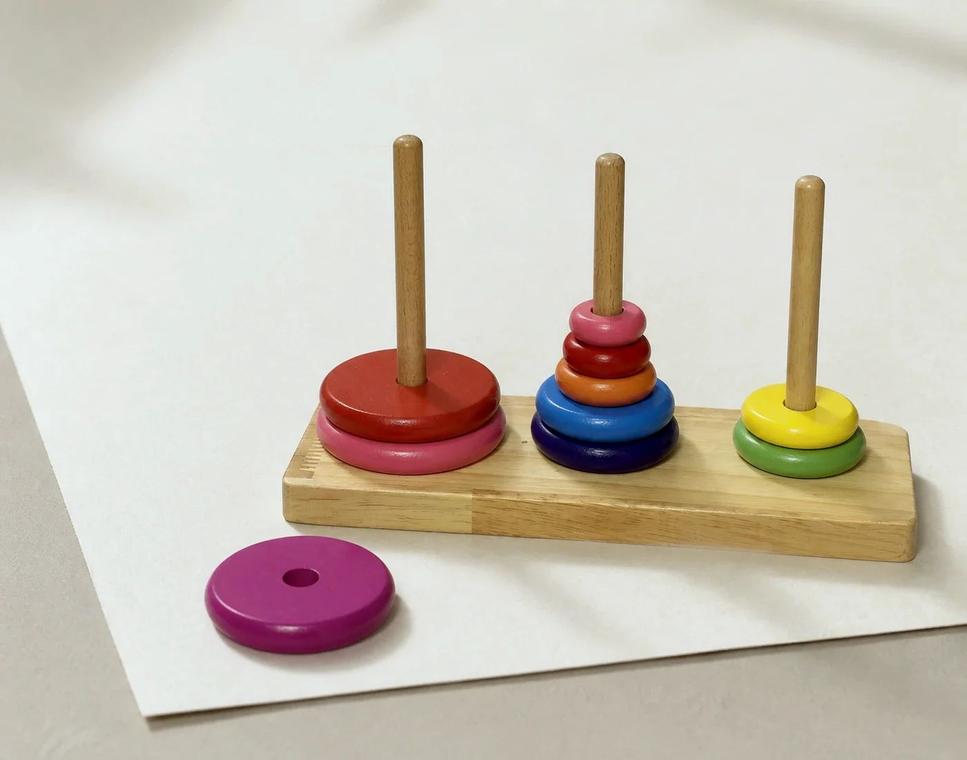 Wooden structure with rings of different sizes and colours.